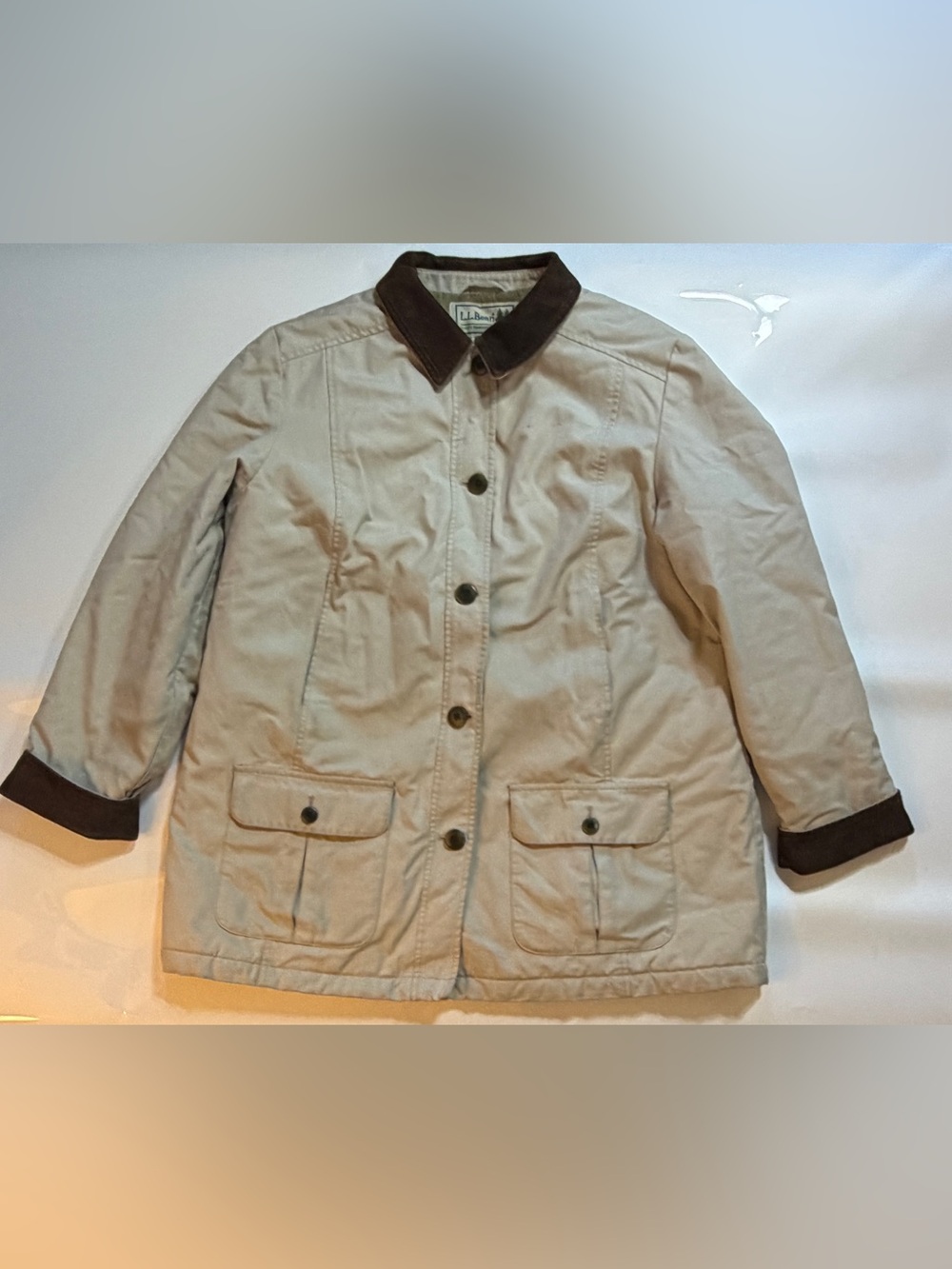 L.L. Bean Beige Utility Barn Jacket with Dark Brown Corduroy Trim